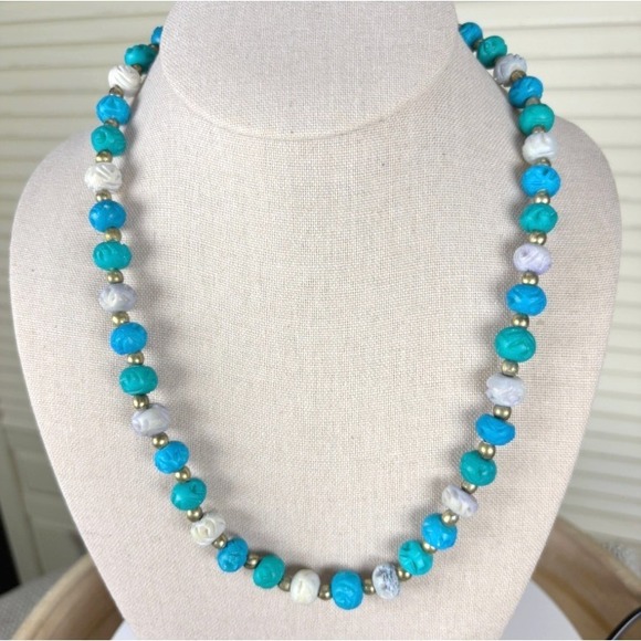 American Vintage Jewelry - Boho Carved Turquoise Beads Paired with Complementary Colored Gemstones Necklace